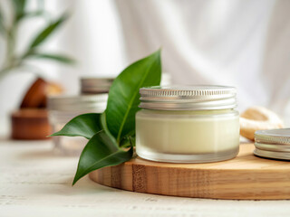 크림용기와 녹색잎의 데코