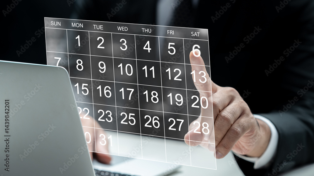 Poster businessman using a laptop while touching of virtual calendar screen. technology innovation on the v
