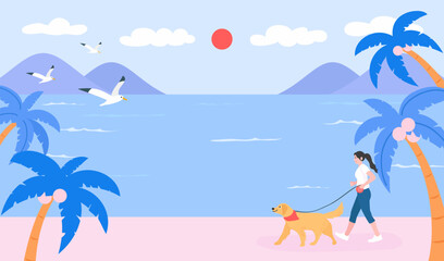 Walking dog on the beach background vector illustration. Summer beach landscape blue and pink theme
