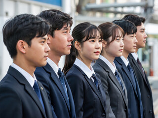 일렬로 서 있는 남녀 고등학생들