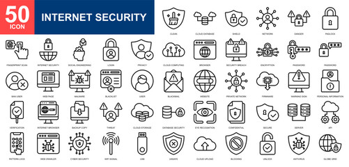 Internet Security icon set collection. Cyber security, cloud compunting, web security, internet protection, seo and web icon. Simple line vector.