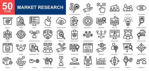 Market Research icon set collection. Data analytics, stock market, market analysis, data statistics, market growth icon. Simple line vector.