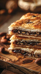 Vertical close-up of Umm Ali with layers of bread, creamy filling, nuts, and raisins
