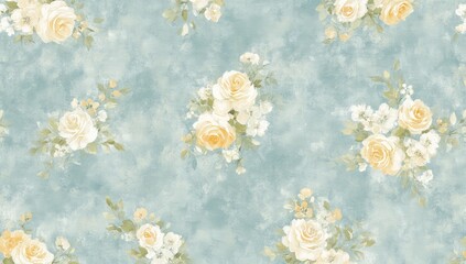 Pastel yellow and white roses on a blue-grey watercolor background