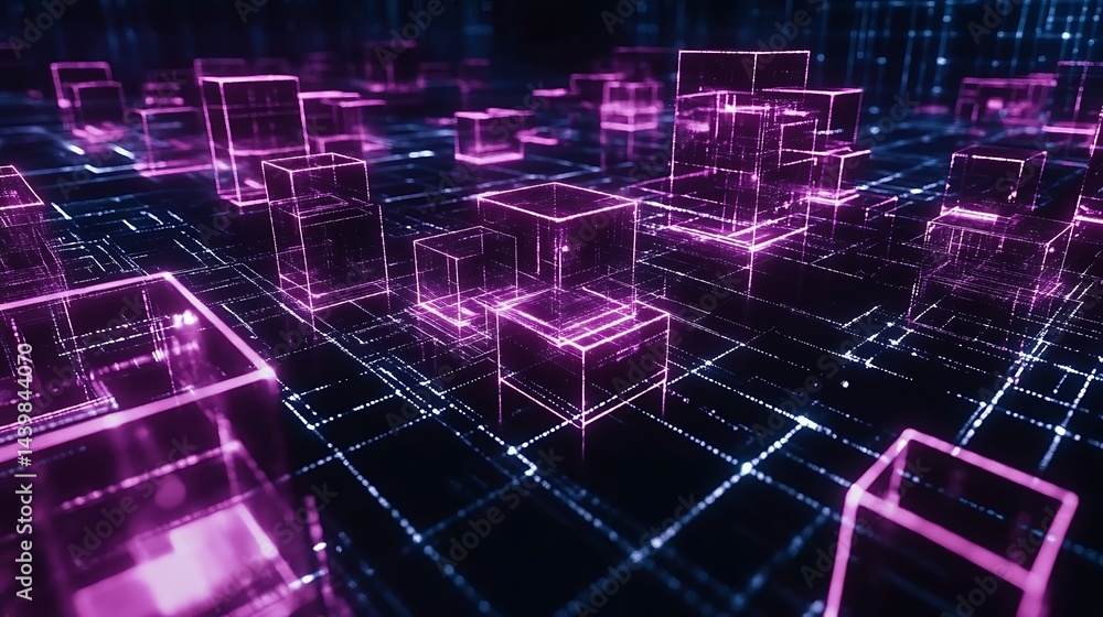 Poster abstract digital network with glowing cubes and lines