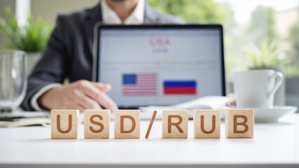 Currency exchange with USD RUB, Dollar and ruble quotes chart on the trader's workflow