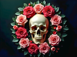 A pink rose blossom entwines a skull, a beautiful and romantic yet stark image