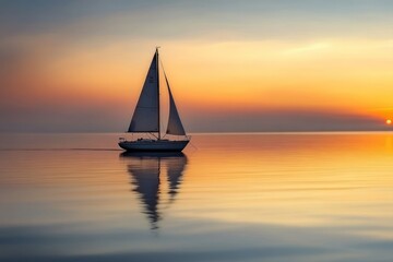 Sailboat on mirror-like sea at sunrise. AI image