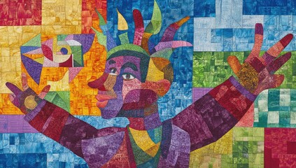 Fototapeta premium Colorful mosaic portrait of a person with a bird