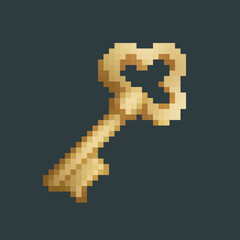 golden key in pixel art style with isolated background