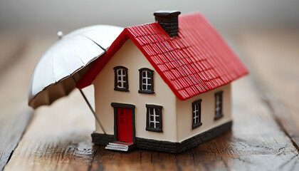 Property insurance. Real estate agent protects house figure at wooden table, close-up