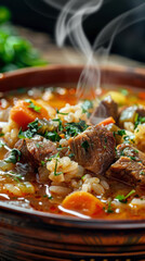 Vertical close-up of Armenian hash, showcasing hearty soup with lamb, rice, vegetables, and fresh herb garnish