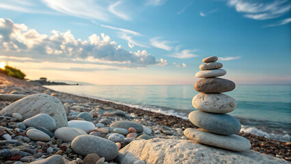 Tranquil Zen Stones on Serene Beach Under Soft Ocean Sky