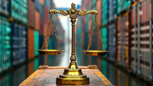 Golden Scale of Justice Balancing Law and Fairness Amidst Shipping Containers for Just Future