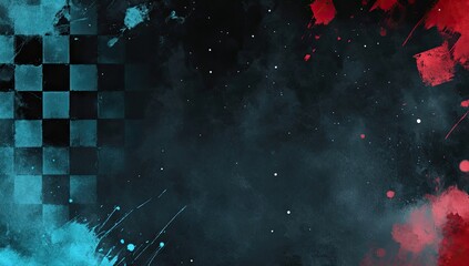 Abstract checkered flag, grunge texture, blue red splatters