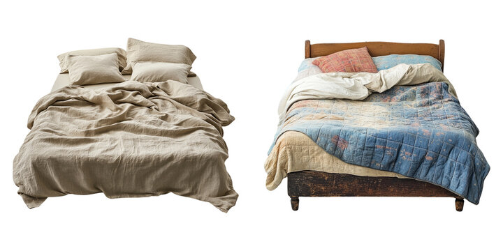 Realistic messy bed and folded blanket isolated on transparent PNG perfect for interior scenes or bedroom design mockups