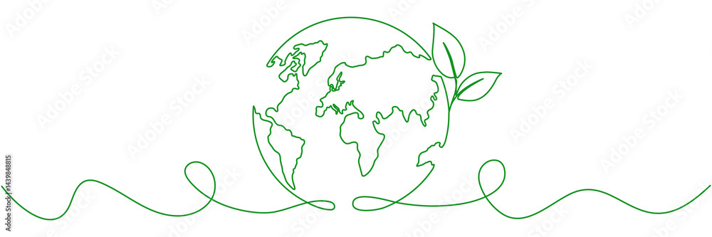 Poster planet earth with leaves continuous line drawing. world map with curve line. linear globe symbol. ve