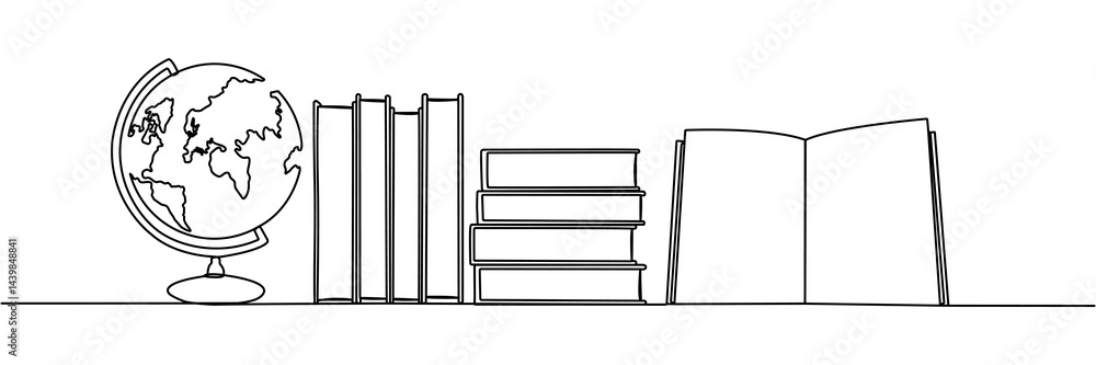 Aufkleber books stack with globe continuous line drawing. linear world map symbol. education concept. vector i