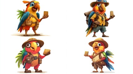Fototapeta premium Four cartoon parrots, adventurers, holding gold.