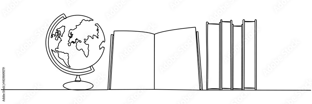 Poster books stack with globe continuous line drawing. linear world map symbol. education concept. vector i