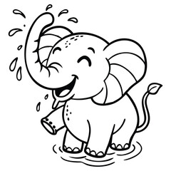 Happy cartoon elephant splashing water with trunk while standing in a puddle is on transparent background
