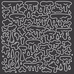 White doodles of dripping liquid shapes and splashes drawn on black background in abstract style