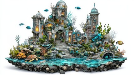 Fototapeta premium Underwater Fantasy Scene with Coral, Architecture, and Marine Life