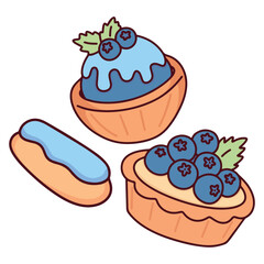 Set of various blueberry desserts including eclair, tart and cupcake with icing and fruit topping in pastel palette