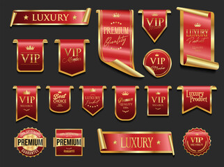 Golden luxury labels and badges premium quality certificate ribbons vector illustration  