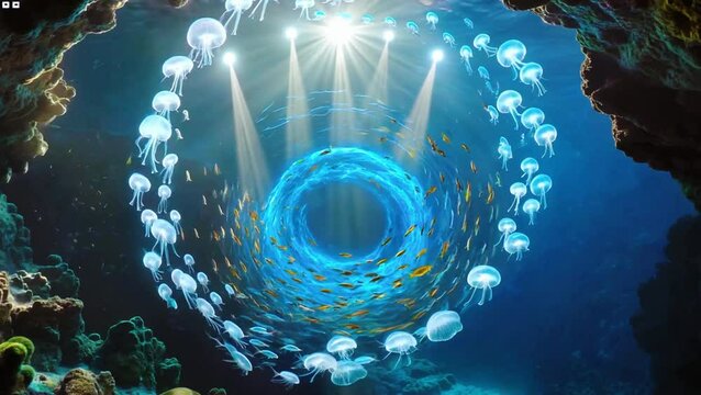 A school of jellyfish surrounds a blue halo0