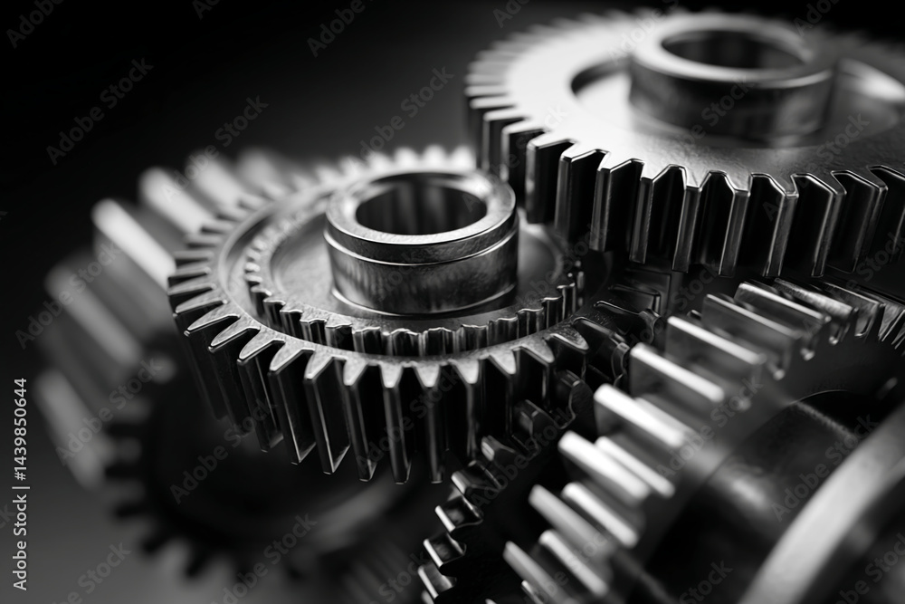 Poster close-up of metallic gears interlocking, showcasing precision engineering and intricate detail, symb