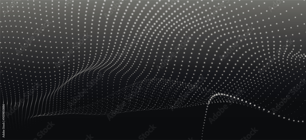 Poster abstract background with dynamic black and white wave. futuristic dotted wave of bright particles on