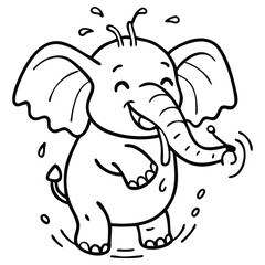 Fototapeta premium Outlined cartoon elephant is joyfully splashing water; it stands out on a transparent background