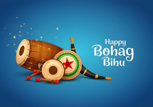happy bohag bihu festival celebration with traditional assamese instruments dhol pepa and taal against blue background cultural greeting card
