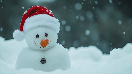 Fototapeta premium Snowy snowman in Santa hat, winter scene