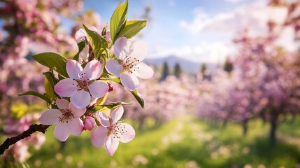 Obraz premium Delicate pink blossoms frame a serene landscape of blooming spring trees