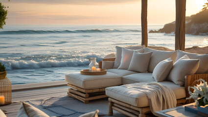 Obraz premium A cozy, tranquil haven by the sea, soft ocean breeze, warm natural tones, comfortable seating with light linen fabrics, gentle waves in the background
