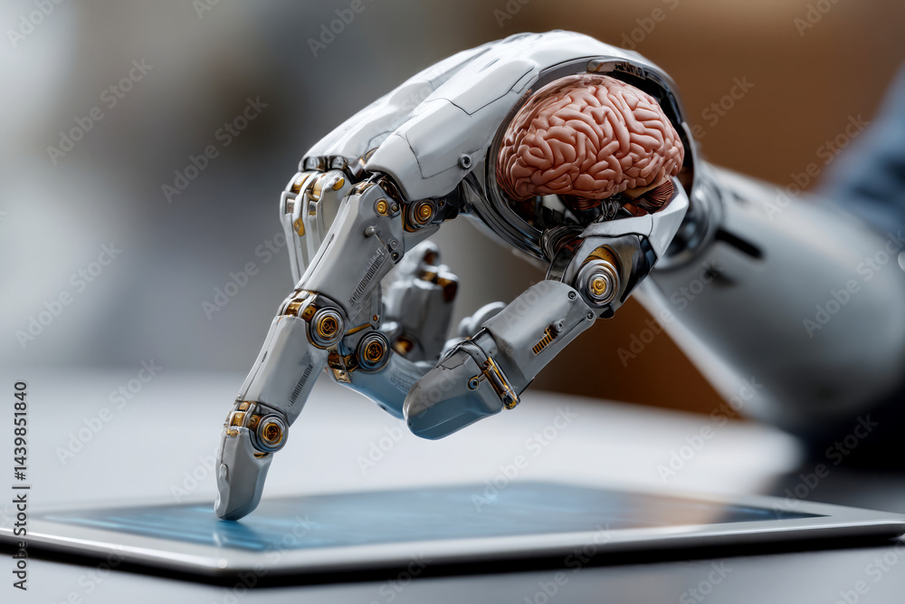 Aufkleber futuristic robotic hand with brain engaging with digital touchscreen in high tech environment