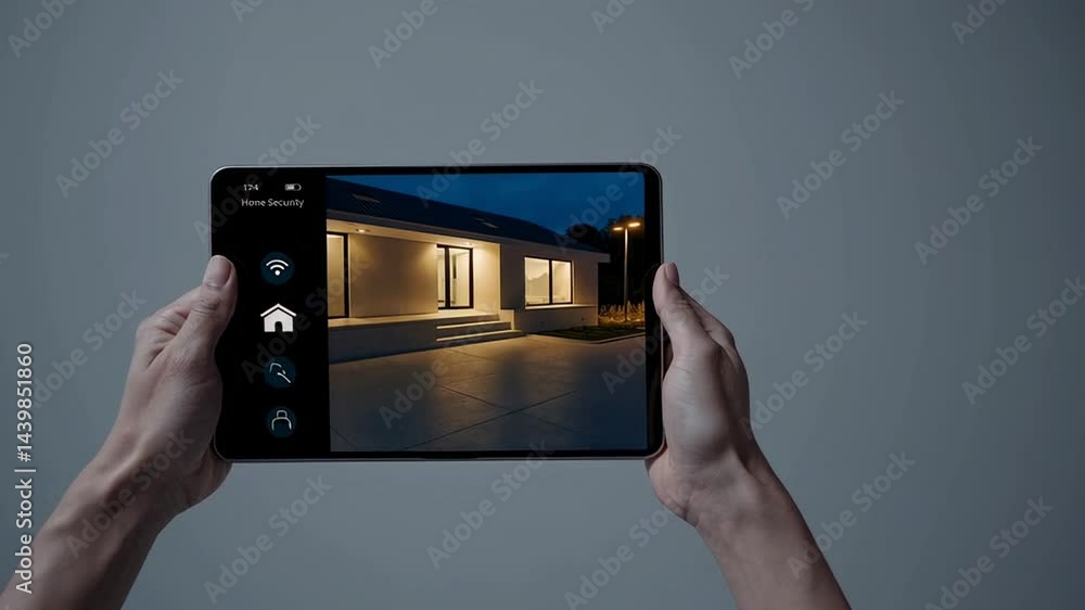 Aufkleber Hands holding a tablet displaying a home security app interface, controlling lights and monitoring the property at night, providing peace of mind and enhanced safety