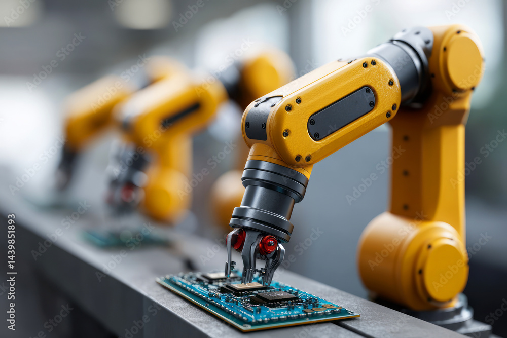 Poster robotic arm assembling electronic circuit board in modern industrial factory setting