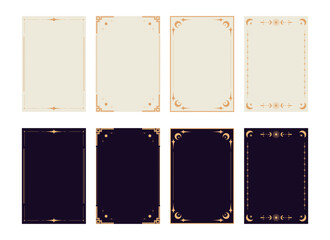 Decorative templates for tarot cards with magical celestial elements. Tarot border frames set in black and white colors. Vector illustration