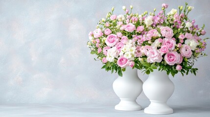 Fototapeta premium Pink and White Flower Bouquet in White Vases on Gray Textured Background