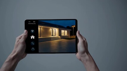 Hands holding a tablet displaying a home security app interface, controlling lights and monitoring the property at night, providing peace of mind and enhanced safety