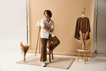 Young man showcases stylish summer fashion in a modern studio setting