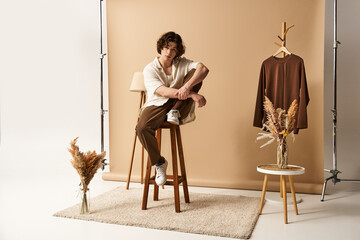 Stylish young man showcasing summer fashion in a studio setting with natural decor