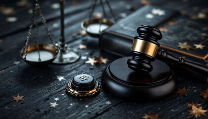 Justice and Scales of Law: A judge's gavel rests majestically beside scales of justice and an old law book, symbolizing fairness, judgment, and the legal process.