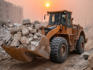 Obraz premium Heavy Loader at Sunset Amidst Construction Site Debris and Dusty Environment