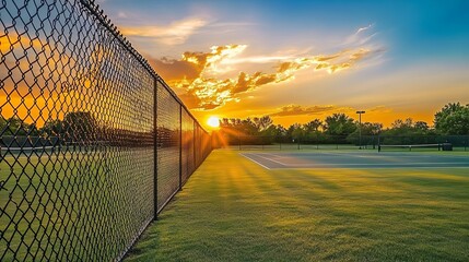 Tennis court fence and warm sunset backdrop