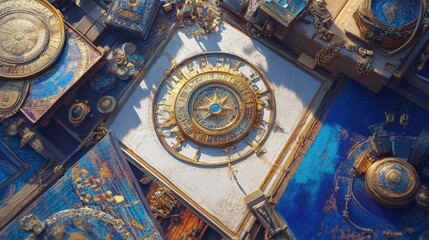 Vintage Compasses and Instruments on Colorful Wooden Background