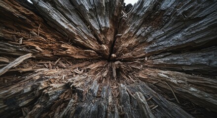 Abstract decaying tree trunk texture shows natural wood disintegration